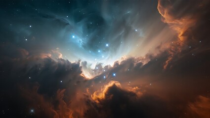 Naklejka premium A mesmerizing glimpse into the cosmos: Nebulous clouds of stellar dust and sparkling starlight,An ethereal panorama of space: Deep blues and fiery oranges in a swirling celestial scene