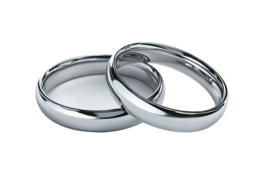 Two silver wedding rings are intertwined isolated on transparent background
