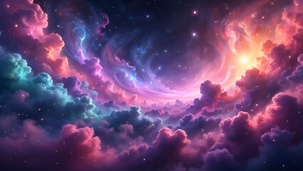 Fototapeta premium A Celestial Canvas of Dreamlike Clouds and Cosmic Light, Ethereal Nebula of Pink, Purple and Blue Hues with Glowing Star