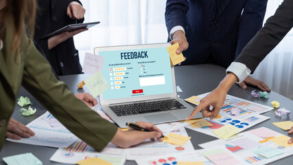 Analyst team use sticky note for creative and analytic brainstorm for business idea with BI data...