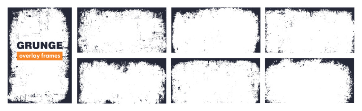 Set of grunge overlay frame and background with grime and rugged effect. Border collection with vintage texture.