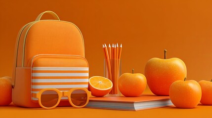Orange themed school supplies creating a monochromatic back to school flatlay with apples, books, and stationery items.
