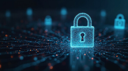 A futuristic concept of quantum cryptography: glowing particles forming intricate lock shapes