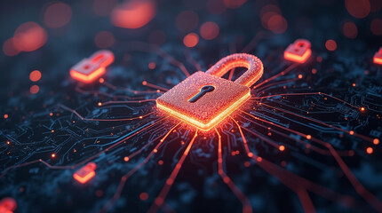 A futuristic concept of quantum cryptography: glowing particles forming intricate lock shapes