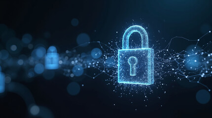 A futuristic concept of quantum cryptography: glowing particles forming intricate lock shapes