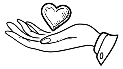 Hand holding a heart sketch with hatching lines in black and white simple line art illustration style vreated with genrated ai