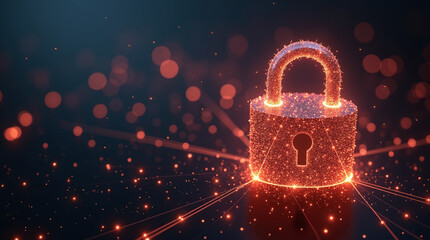 A futuristic concept of quantum cryptography: glowing particles forming intricate lock shapes