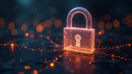 A futuristic concept of quantum cryptography: glowing particles forming intricate lock shapes