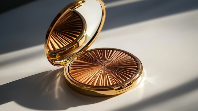 Shimmering bronzer compact reflecting soft light on a surface during a calm morning