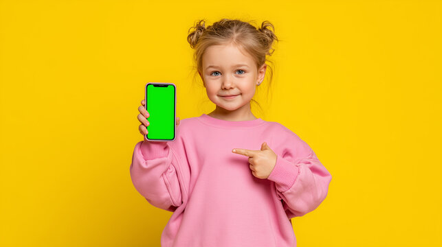 Smiling girl pointing at smartphone with green screen, perfect for technology ads, app mockups, user interface design, and promotional digital content with copy space.