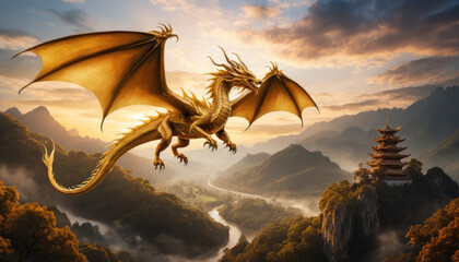 A majestic golden dragon soars over a mountainous landscape with a traditional pagoda.