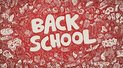 Energetic back to school themed background illustration filled with hand drawn style school supplies on a red background and white text.