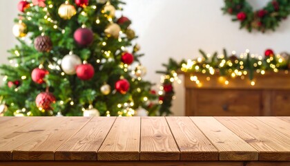 Christmas tree backdrop, wooden table