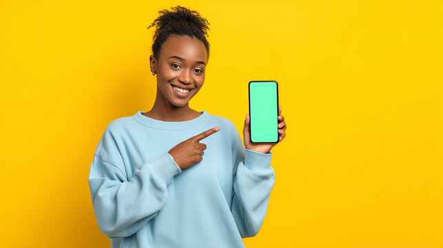 Dark-skinned woman smiling while pointing at smartphone with green screen, ideal for mockups, app promotion, digital ads, and technology-themed content.