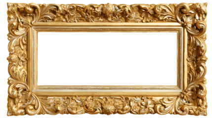 Luxurious golden picture frame with intricate floral carvings creates a sophisticated ornamental border for portraits and artwork, transparent background