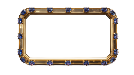 Elegant golden frame adorned with blue gemstones on a transparent background provides a luxurious and sophisticated design element.