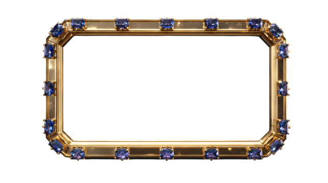 Elegant golden frame adorned with blue gemstones on a transparent background provides a luxurious and sophisticated design element.