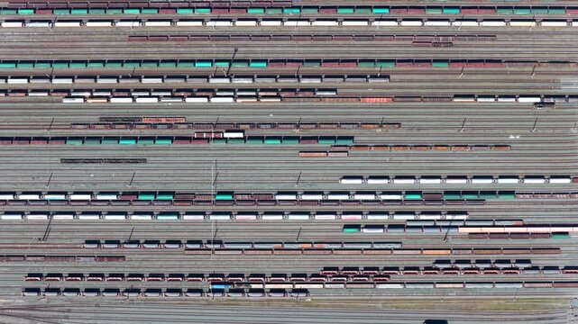 Aerial view of trains in train yard in Ghent Belgium - Industrial transportation of good in European port 