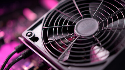 Close-up of a computer power supply unit (PSU) for desktop PC, showing fan grill, modular cables, and metal casing in clear detail.