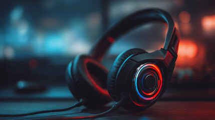 Naklejka premium A modern RGB headphone with vibrant colorful lighting, designed for gamers and audio enthusiasts. Combines sleek style with advanced technology.