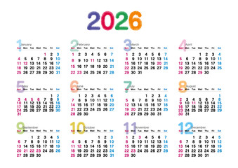 刺繍文字風の2026年の年間カレンダー 日曜始まり_横位置