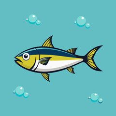 Fototapeta premium Cartoon fish swimming in water with bubbles on blue background 