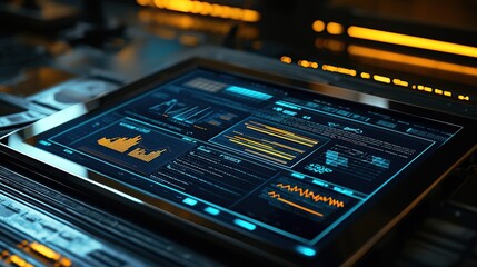 Interactive technology dashboard displays data analytics in a dark control room during an evening session