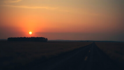 Sunset over a Vast Plain with a Tree Line and Tire Tracks