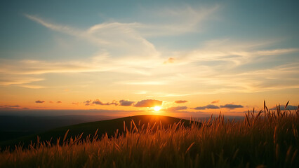 Obraz premium Sunset over a Low Hill with Subtle Clouds and Golden Grass