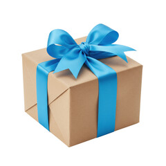 Obraz premium A precise rectangular gift box, natural brown kraft paper, vibrant light blue satin ribbon and bow, isolated on a pristine transparent studio background with soft illumination, no shadows, and ample
