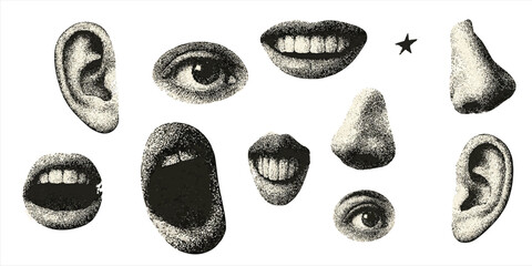 Trendy Halftone Vintage cutout Facial Parts Vector Set, Ears, Eyes, Mouths & Noses in Cutout Style, Surreal Retro Clipart for Collage Artists, Zines & Mixed Media Design