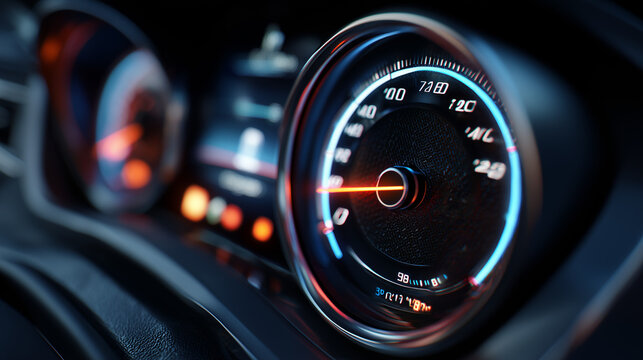 A close-up of a car speedometer, showing speed measurement with modern dashboard design. Ideal for automotive, driving, or technology themes.