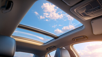 A modern car sunroof, offering a clear view of the sky and enhancing driving experience. Ideal for automotive, travel, or luxury lifestyle themes.