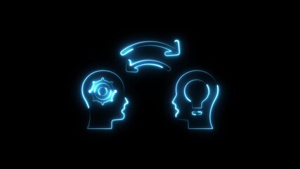 Neon glowing human head profiles with internal gear and lightbulb symbols connected by circular arrows representing - Powered by Adobe