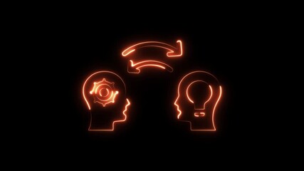 Neon glowing human head profile with internal gear mechanism and lightbulb symbol connected by circular arrows - Powered by Adobe