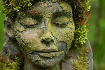 Fototapeta premium Serene face of a stone statue covered in moss, with closed eyes, evoking peace and tranquility in a natural setting
