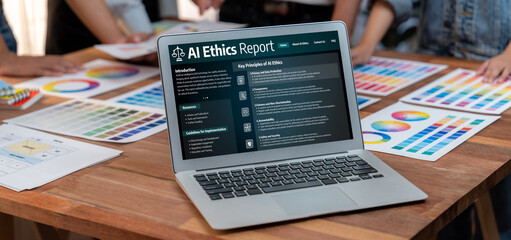 AI ethics responsibility standard law and rules on computer screen provide report of AI ethic...