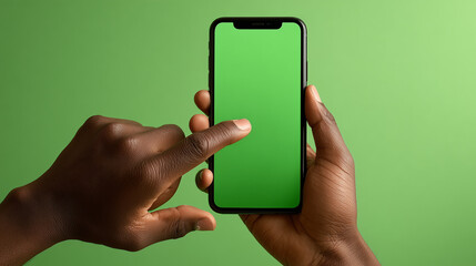 A finger tapping on a green smartphone screen, highlighting touch interaction and digital interface. Ideal for technology, mobile, or app concept themes.
