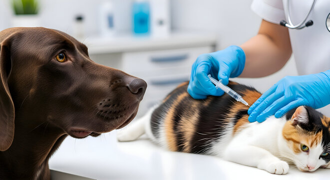 A veterinarian giving a cat an injection with a dog looking on at the veterinary clinic table scene