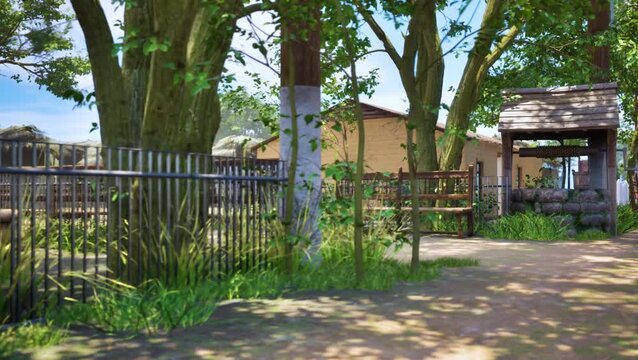 Peaceful Indian Village Scene with Well, Clay Huts, and Trees &ndash; Rural Lifestyle Background, 4k resolution