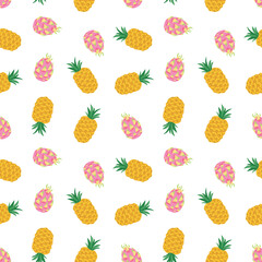 dragon fruit, pineapple. Vector seamless pattern in flat style with tropical fruits on a white background