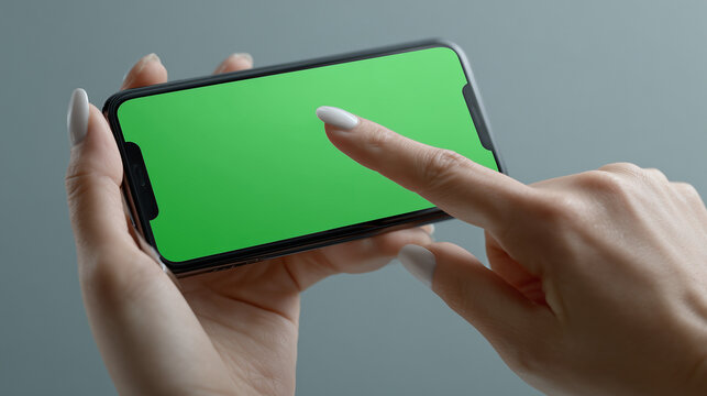 A finger tapping on a green smartphone screen, highlighting touch interaction and digital interface. Ideal for technology, mobile, or app concept themes.