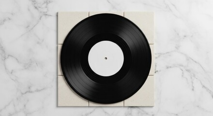 Obraz premium A black vinyl record on a square tile on a marble background