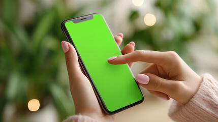 A finger tapping on a green smartphone screen, highlighting touch interaction and digital interface. Ideal for technology, mobile, or app concept themes.