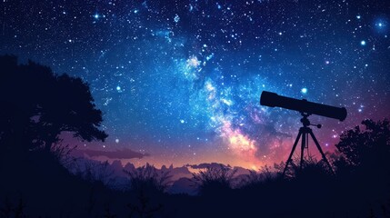 A telescope is silhouetted against a breathtaking starry night sky filled with a vibrant nebula of blue, purple, and pink. The scene inspires a sense of wonder, discovery, and cosmic exploration
