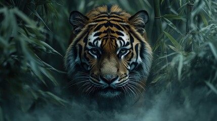 A majestic tiger emerges from a dense, misty bamboo forest, its intense gaze fixed on the viewer. The cool, atmospheric lighting creates a powerful and mysterious portrait of this apex predator