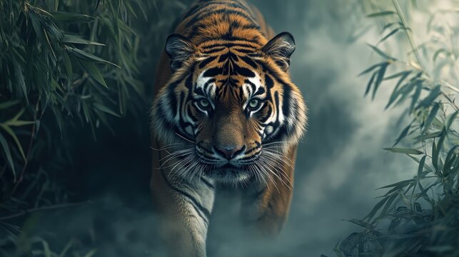 A majestic tiger emerges from a dense, misty bamboo forest, its intense gaze fixed on the viewer. The cool, atmospheric lighting creates a powerful and mysterious portrait of this apex predator