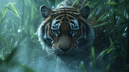 A majestic tiger emerges from a dense, misty bamboo forest, its intense gaze fixed on the viewer. The cool, atmospheric lighting creates a powerful and mysterious portrait of this apex predator