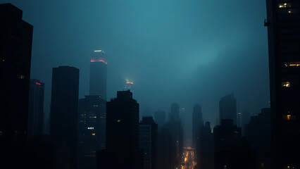 Dark Cityscape at Night Tall Buildings and Fog