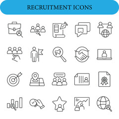 Recruitment Vector Icon Set .  Icons include a briefcase with magnifying glass, people silhouettes, a notepad and pencil, speech bubbles, handshake, laptop with profile, target with arrow.